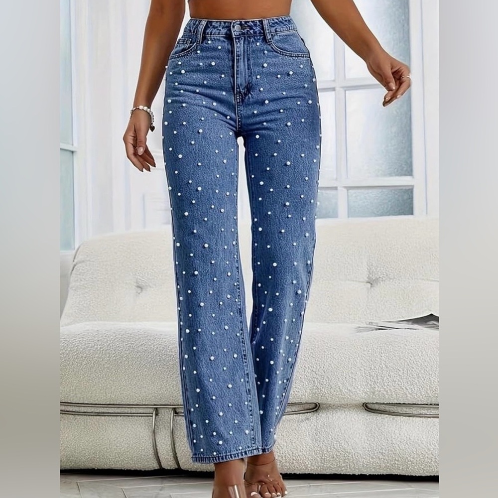 Straight Leg Jeans - Pearl Studded